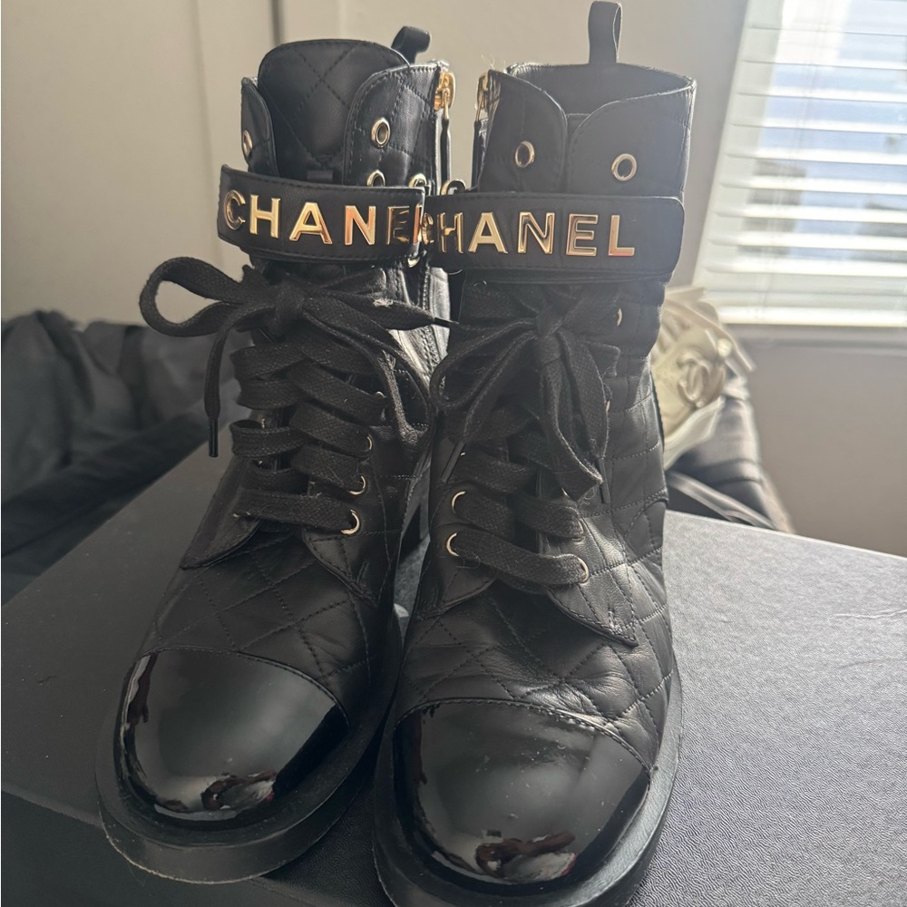 Chanel Black Quilted Lace-Up Boots